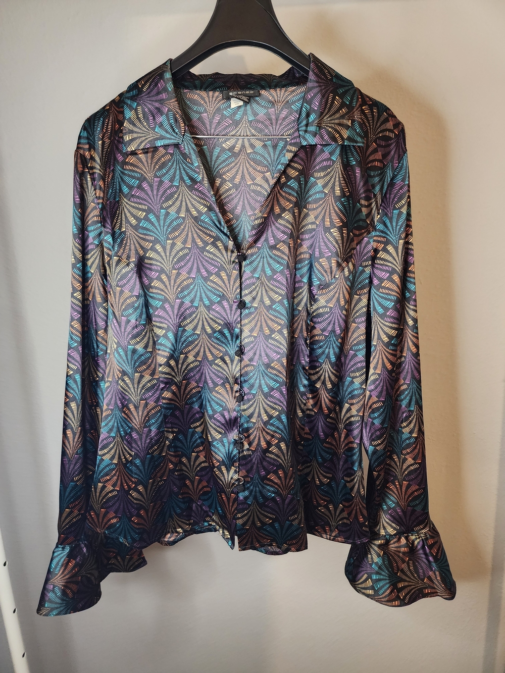 Spense Satin Patterned Button-Up Blouse in Teal & Purple